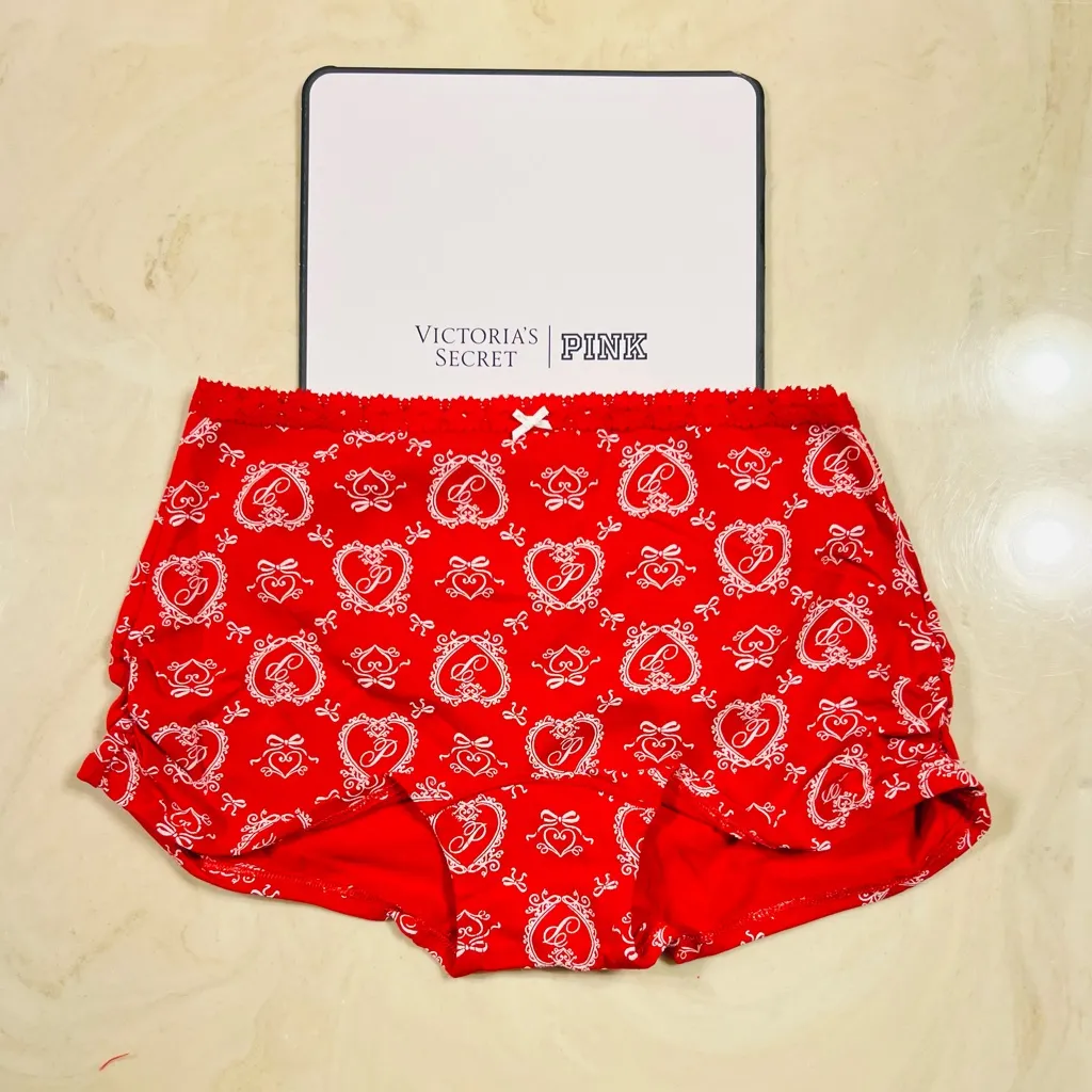 Victoria's Secret Pink Cotton Dorm Boyshort Bright Red Heart Doile Bows Print M - Image 7