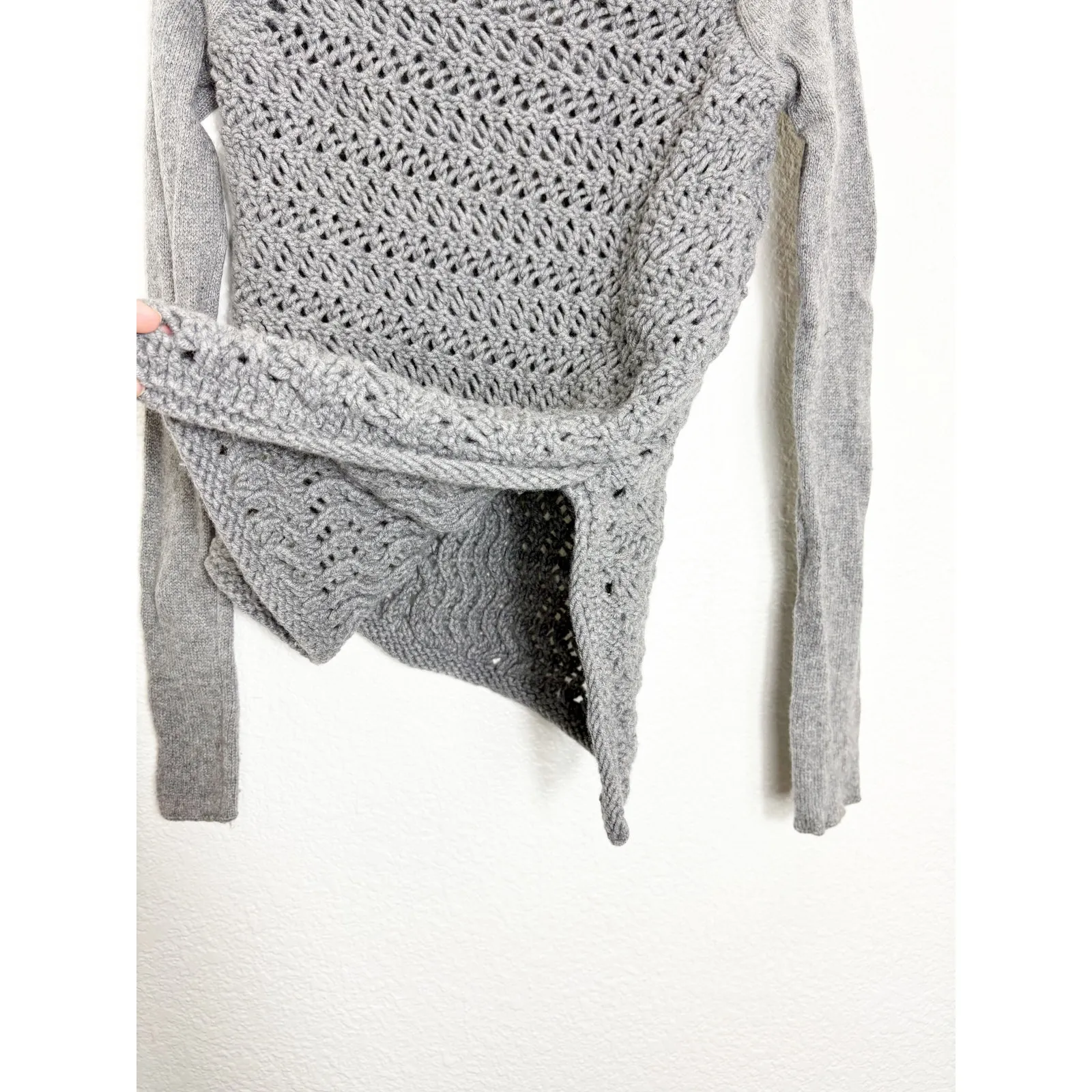 HELMUT LANG Asymmetrical Open Knit Sweater Size Small Gray Wool Cashmere - Image 10