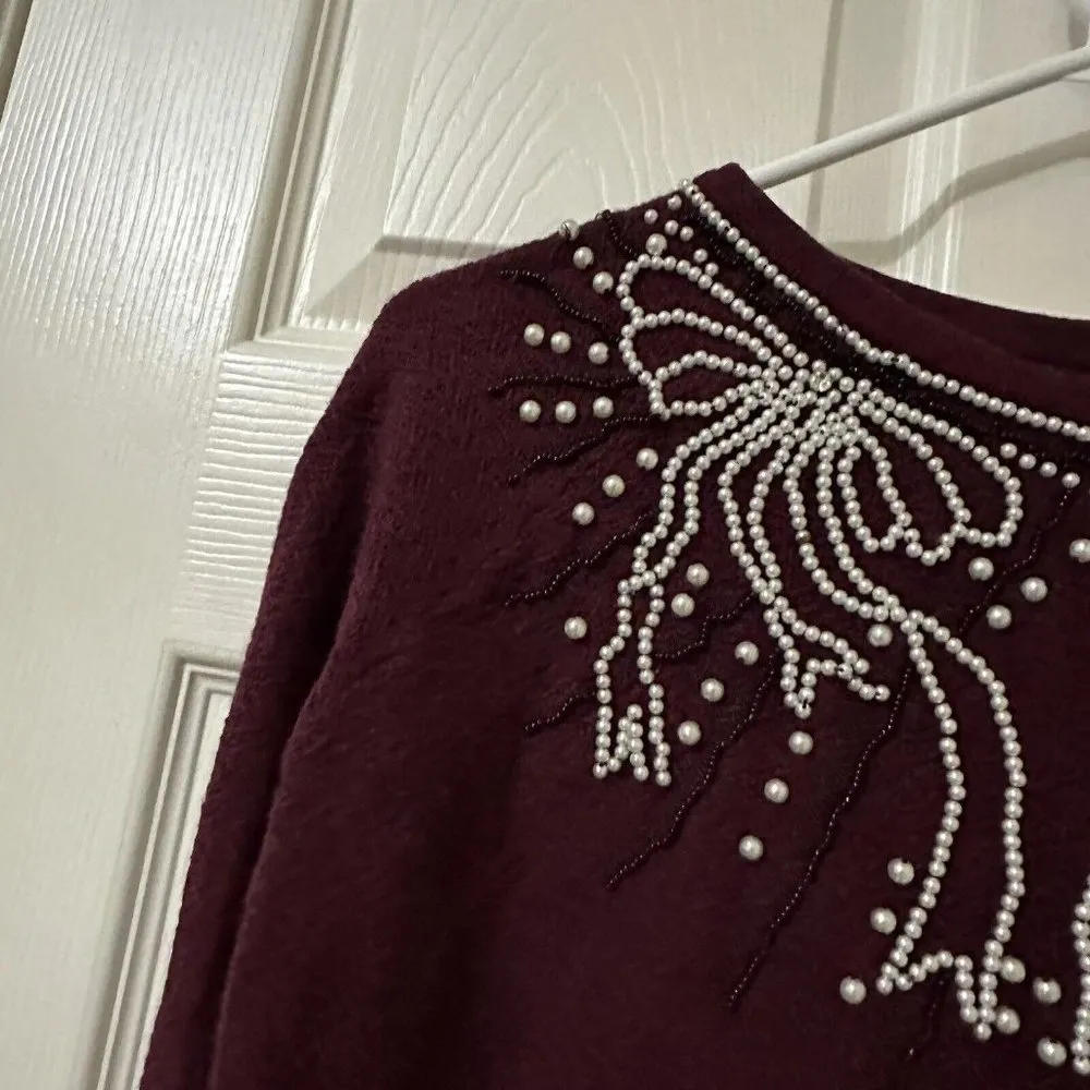 Anthropologie Field Flower Pearled Bow Burgundy Beaded Embellished Sweater Sz S - Image 5