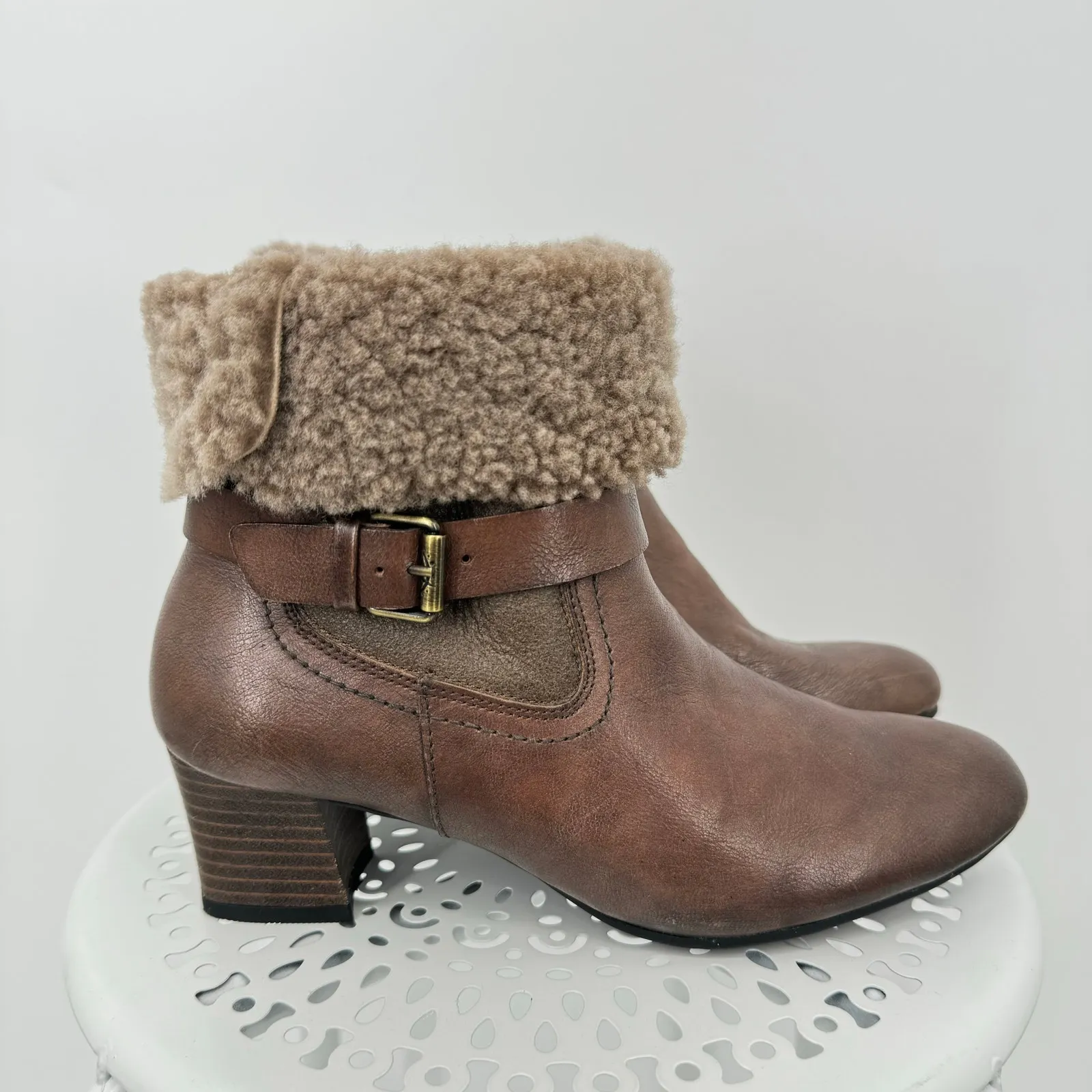 Bussola Barbados brown leather zip harness fur lined low heel ankle boots 37 NEW Size 6 - Image 5