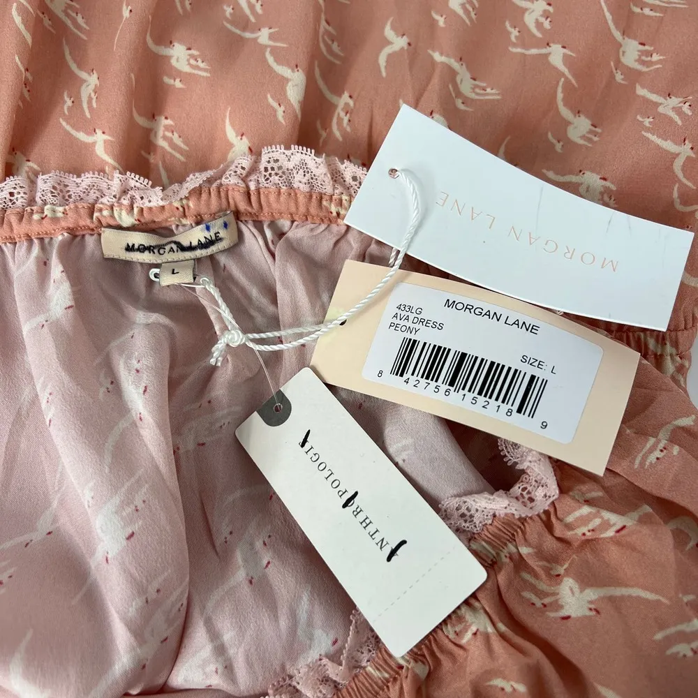 Morgan Lane Ava Mini Silk Dress Peony Pink Blush Printed Bird Motif - Image 4