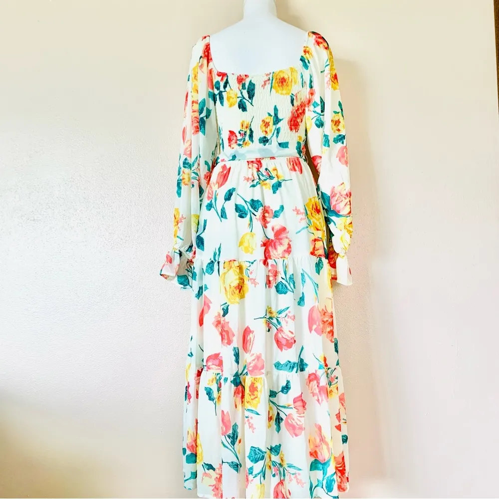 LoveColette CreamYellow Orange Red Green Floral Long Sleeve Smocked Maxi Dress. - Image 3
