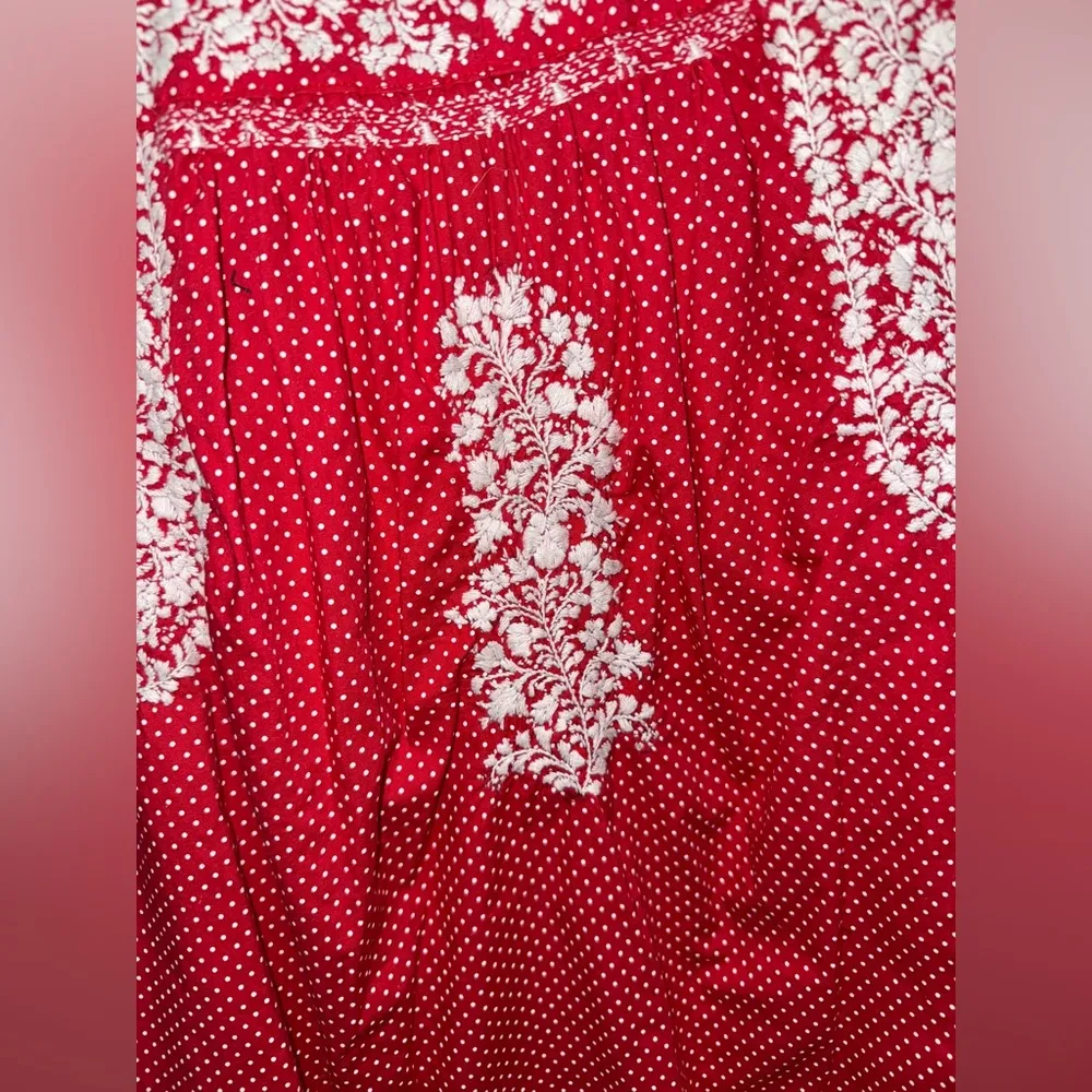 Mi Golondrina embroidered blouse tunic flores top sleeveless polka dots print Red Size L - Image 3