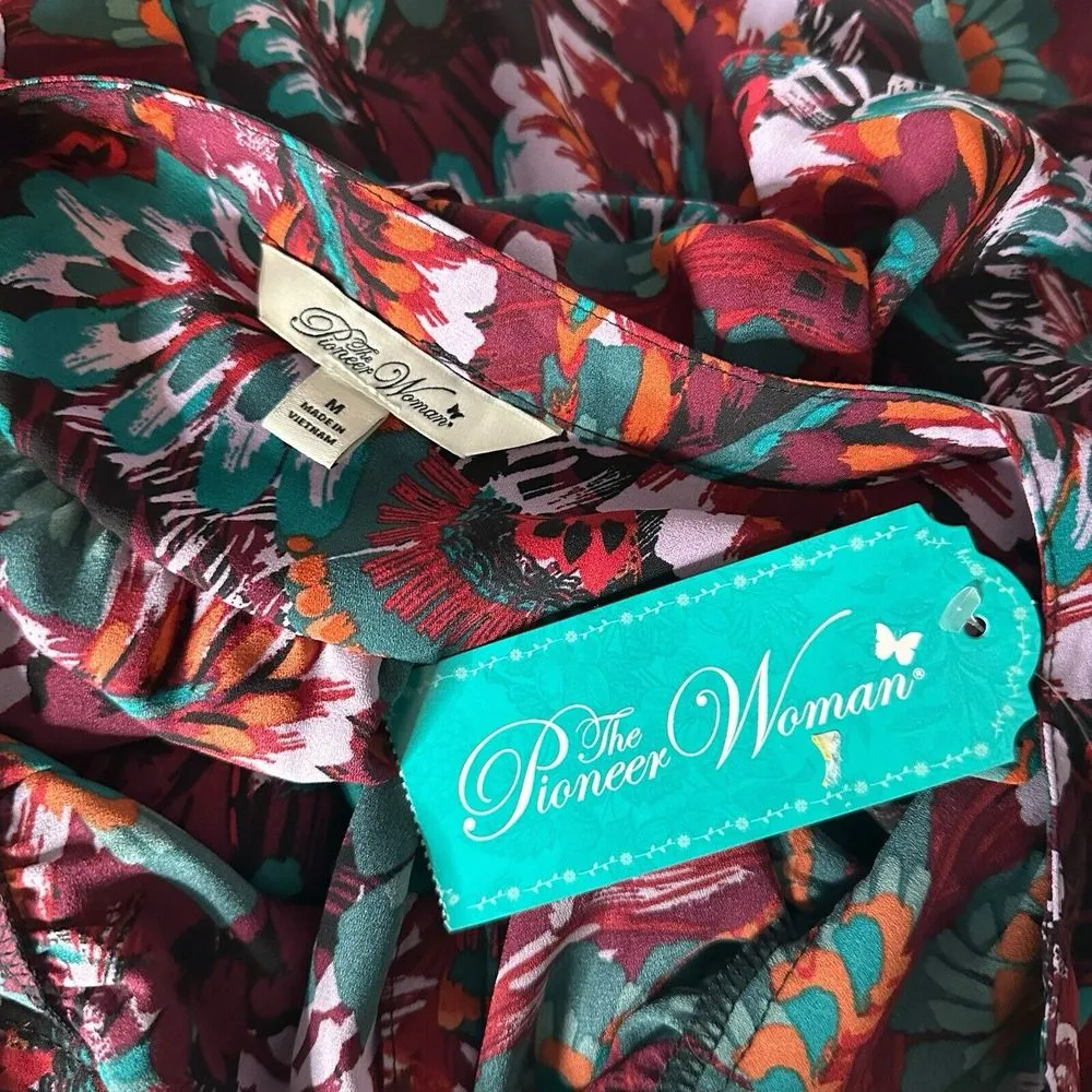 The Pioneer Women BOHO Floral Tunic Top Hi‎ Low Hem Flowy Size M V Neck Blue Size M - Image 9