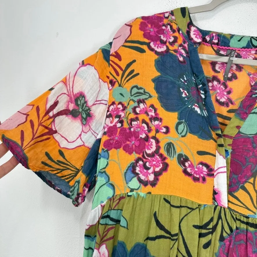 Anthropologie Tiered Midi Dress Floral Print Orange Green Blue Boho Gauzy Resort - Image 7