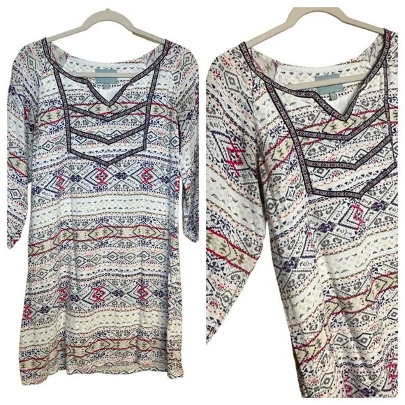 Skies Are Blue Ladies 3/4 Sleeve Aztec, Tribal, BOHO Style V Neck Dress Size 8 - Image 2