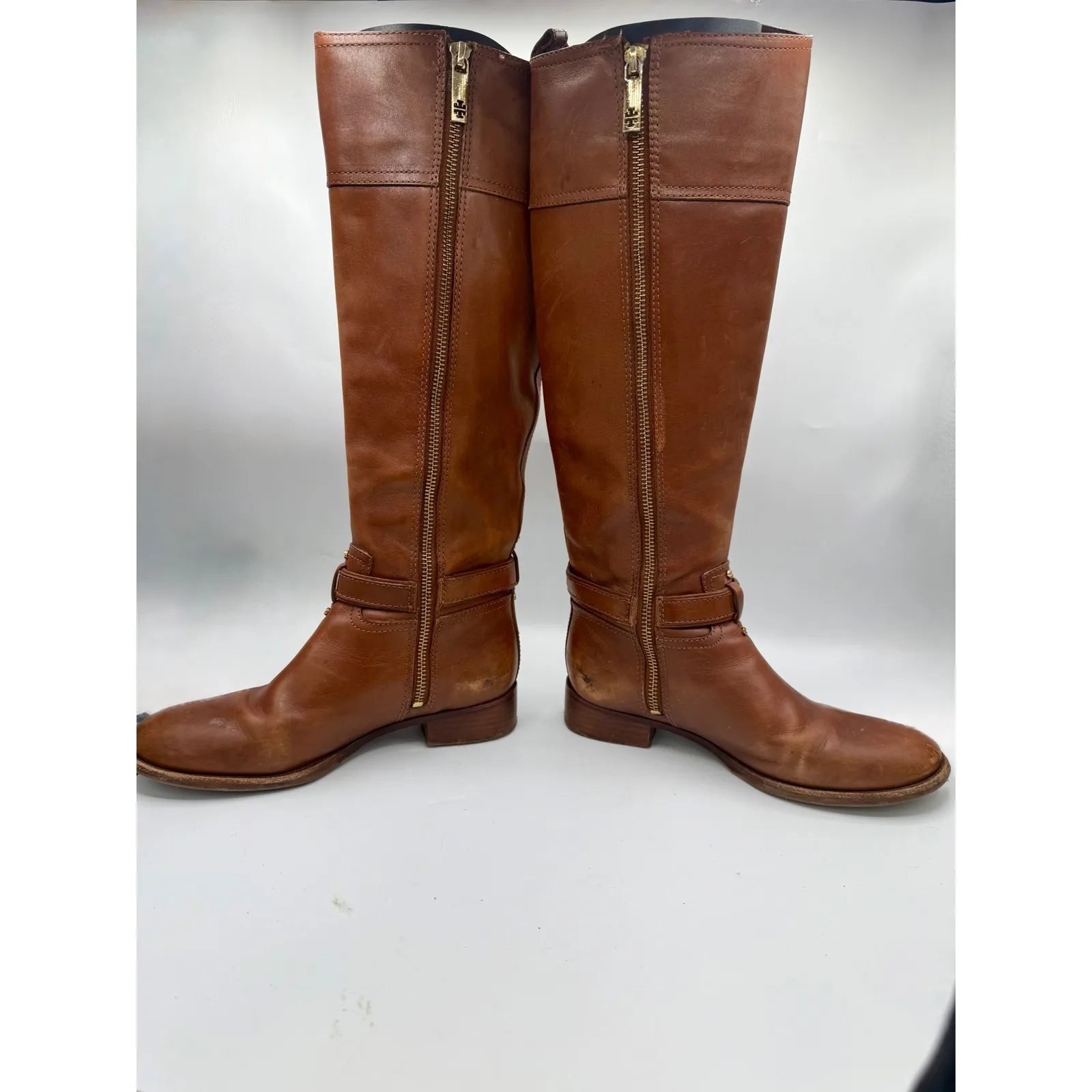 Tory Burch Riding Boots Women's 6.5 Cognac Leather Tall Equestrian Logo Boots - Image 3