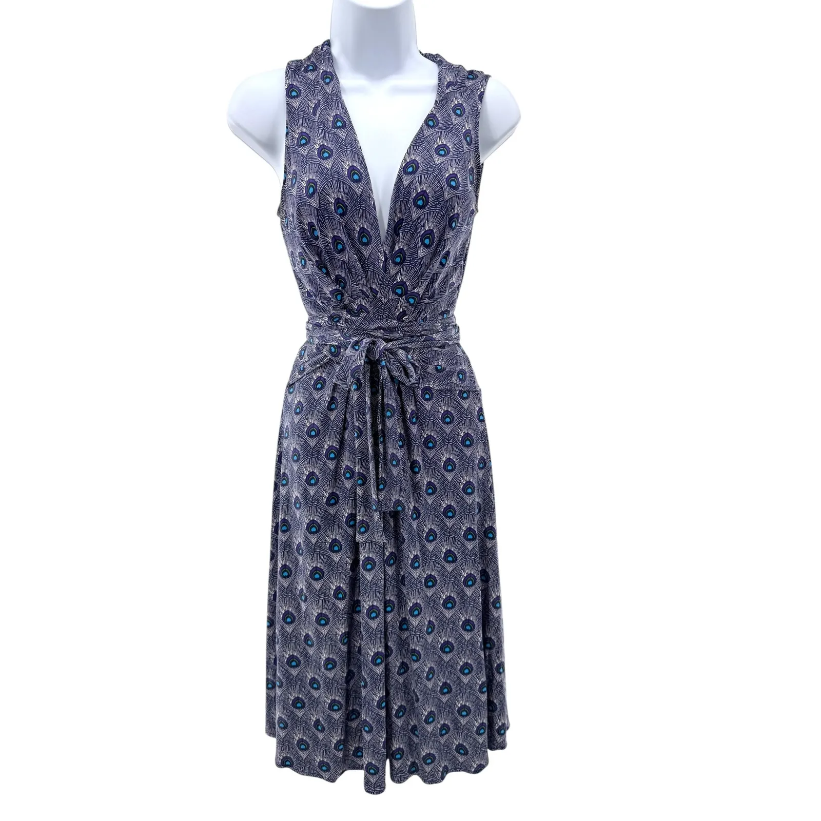 Tory‎ Burch Silk Wrap Dress Peacock Feather Print Sleeveless Navy Blue S - Image 3