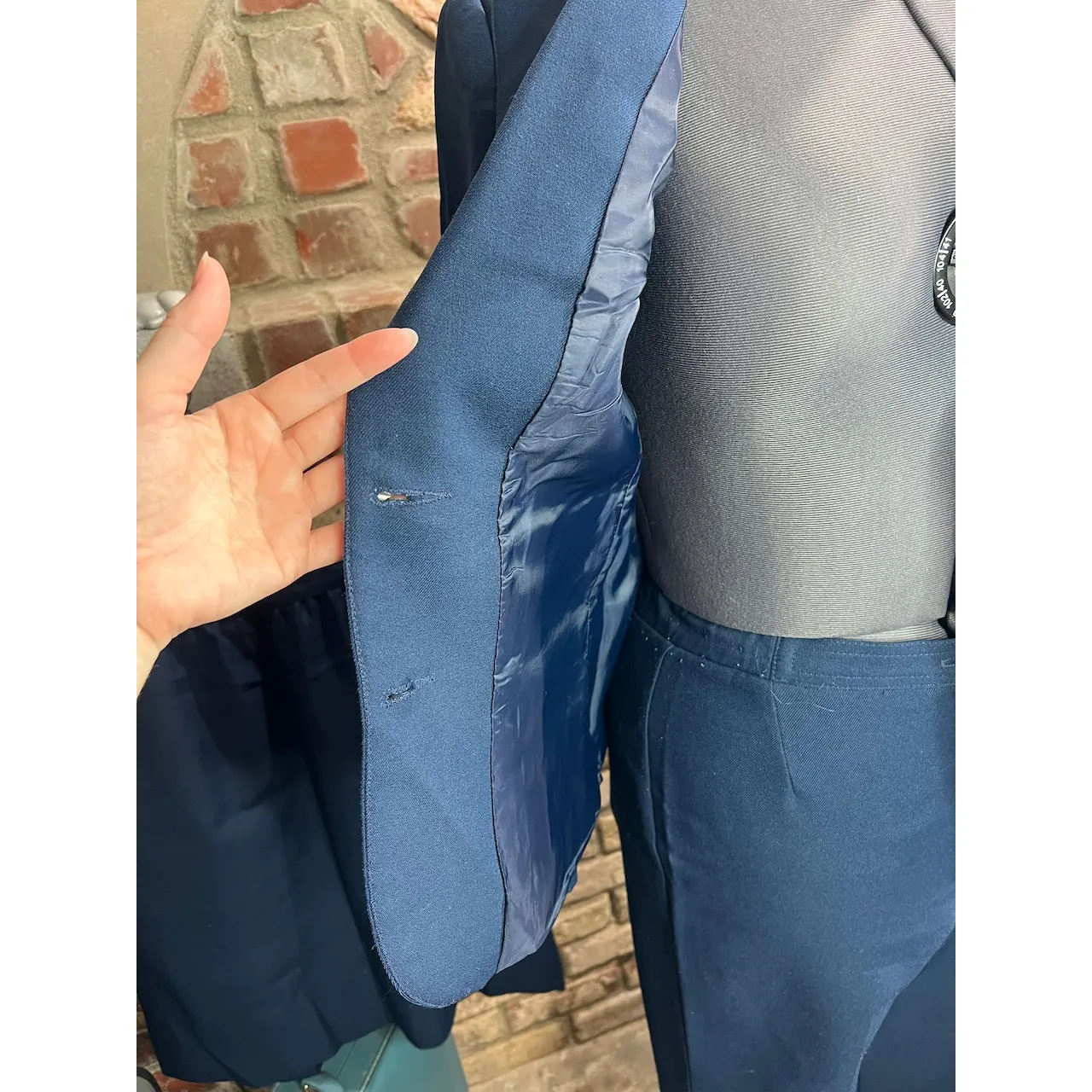 suit straight skirt wide leg pant blazer 1980s navy blue Size 14 - Image 12