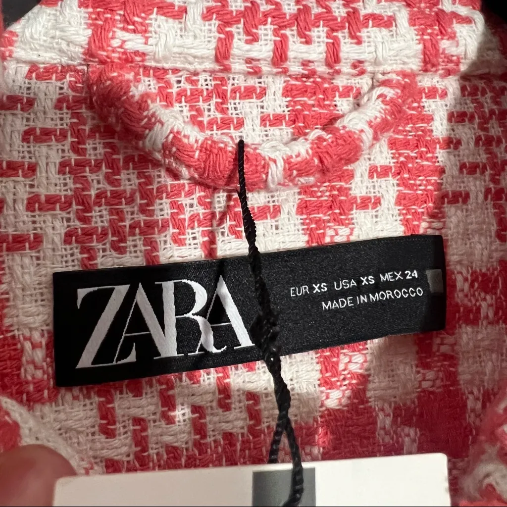 ZARA Tweed Houndstooth Belted‎ Pink/White Plaid Boucle Jacket Size XS - Image 11