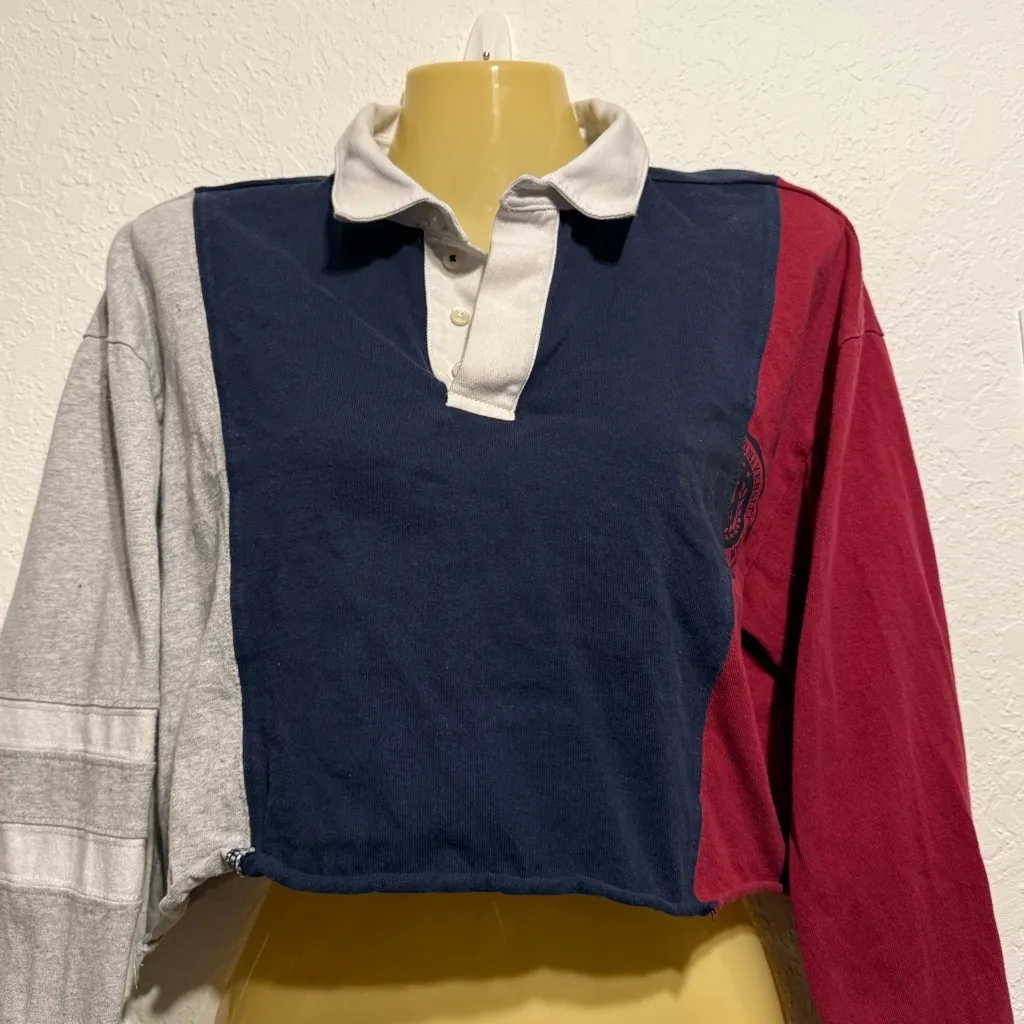 Tommy Hilfiger Colorblock Cropped Rugby Shirt Men’s Size M Pullover Top Blue Red - Image 5