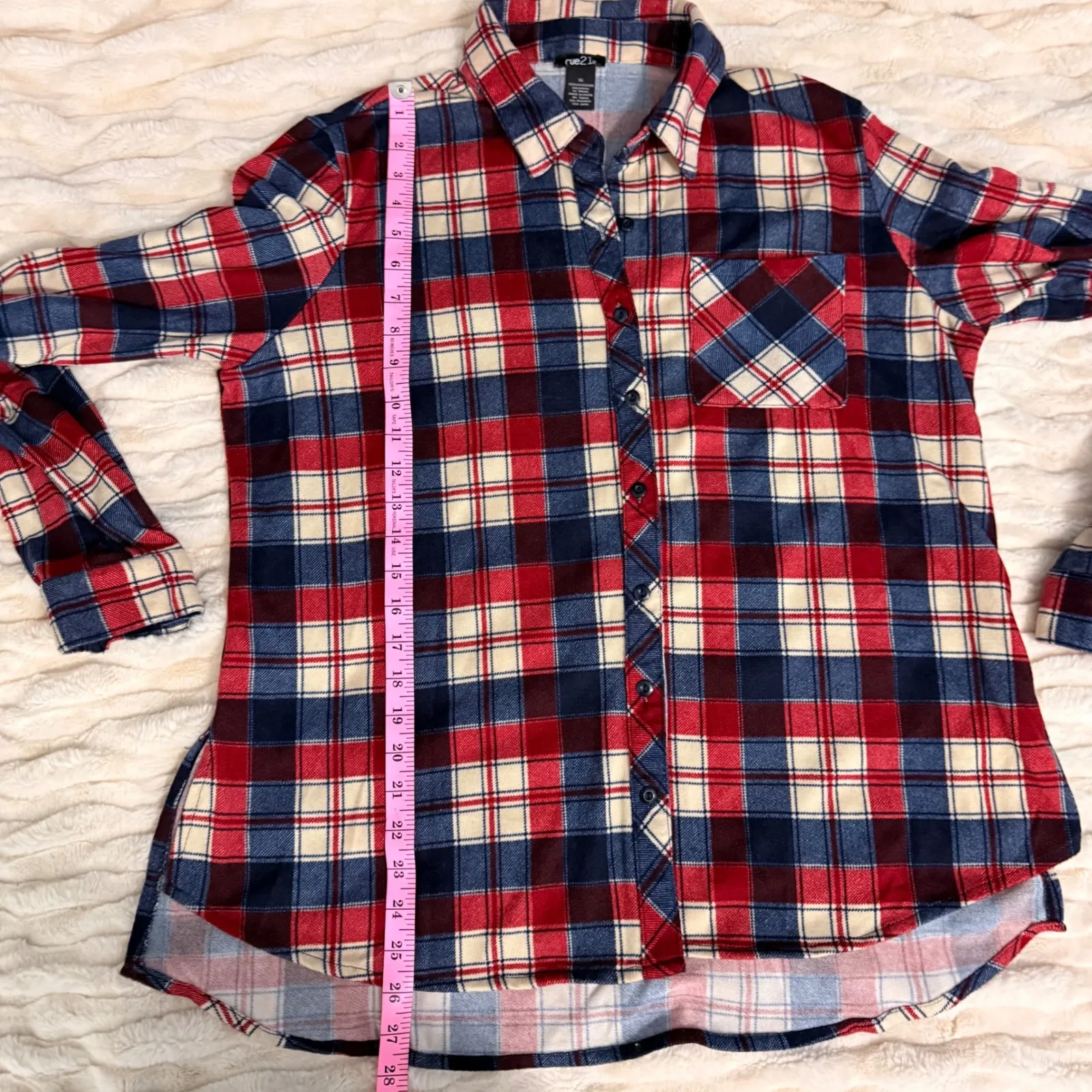 Rue 21 Plaid Flannel Button Down Shirt Size XL Red Blue Cream Long Sleeve Pocket - Image 9