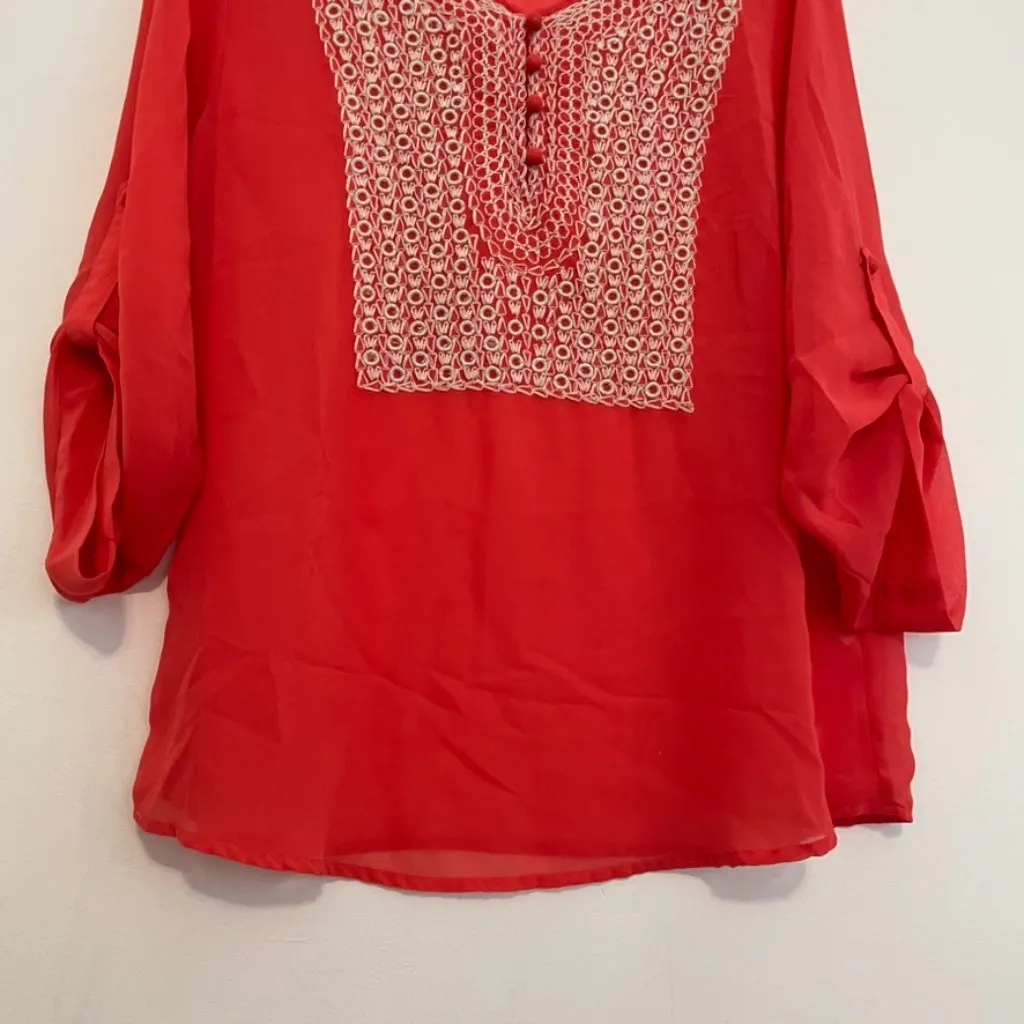 COLLECTIVE CONCEPTS STITCH FIX Coral Orange Red Embroidered 3/4 Sleeve ? Blouse - Image 4