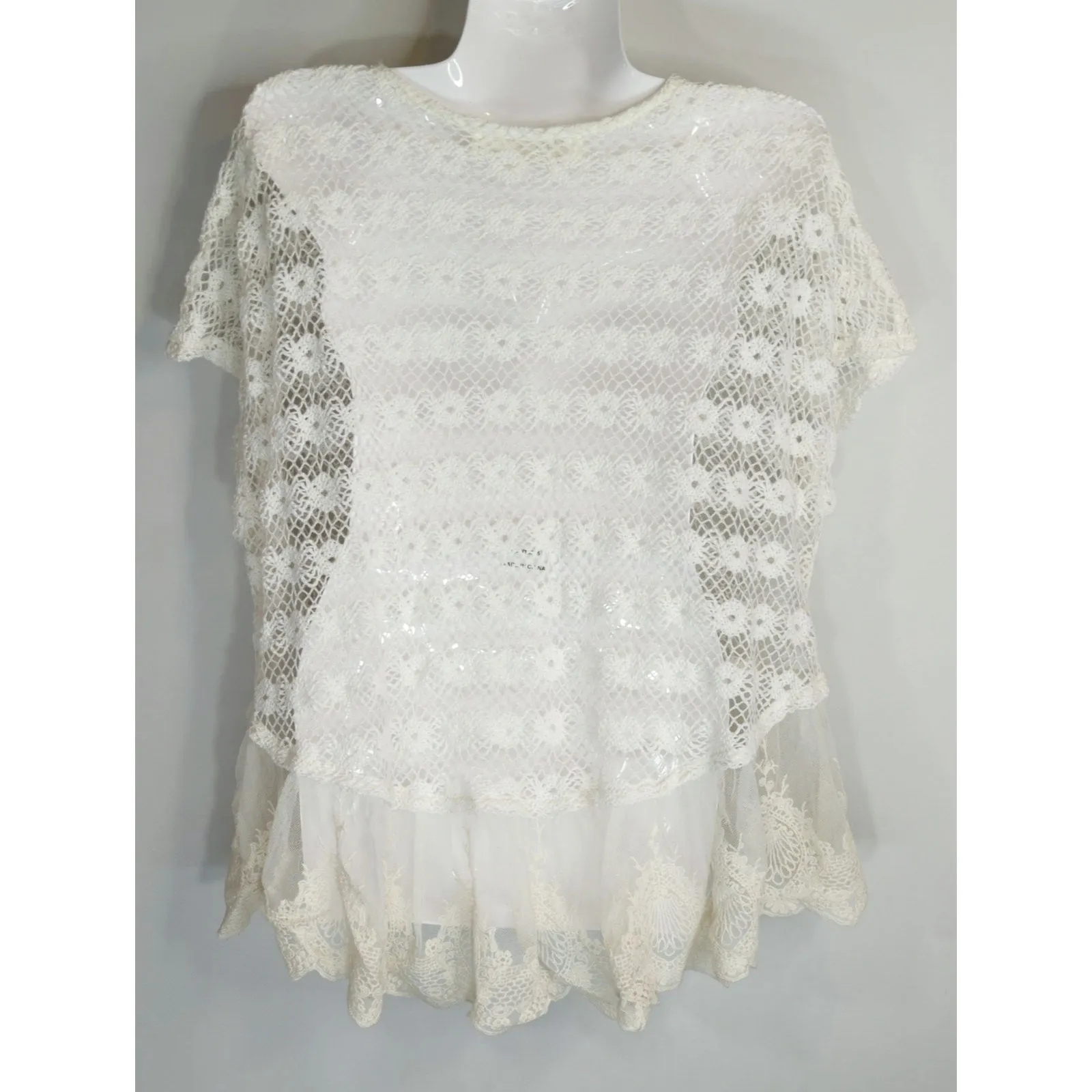 Vintage Women's Havana Cream Floral Lace Sheer Top‎ MED Cottage Core Prairie - Image 3