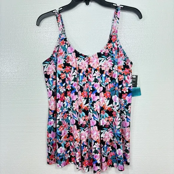 Swim Solutions NEW‎ $78 Women's Blushing Pleated Tankini Swim Top 14 M L Black - Image 2