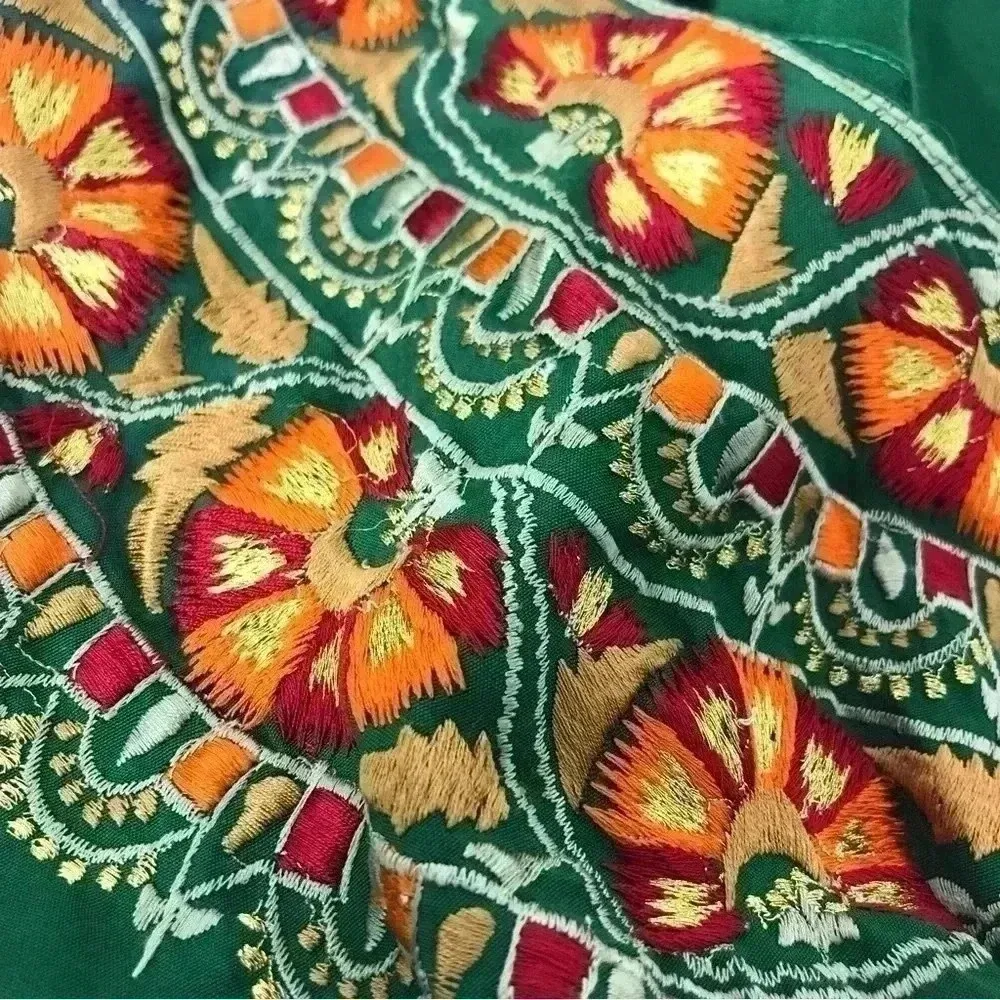 VINTAGE GREEN MOROCCAN EMBROIDERED CAFTAN KAFTAN DRESS OSFM BOHO FESTIVAL Size L - Image 8