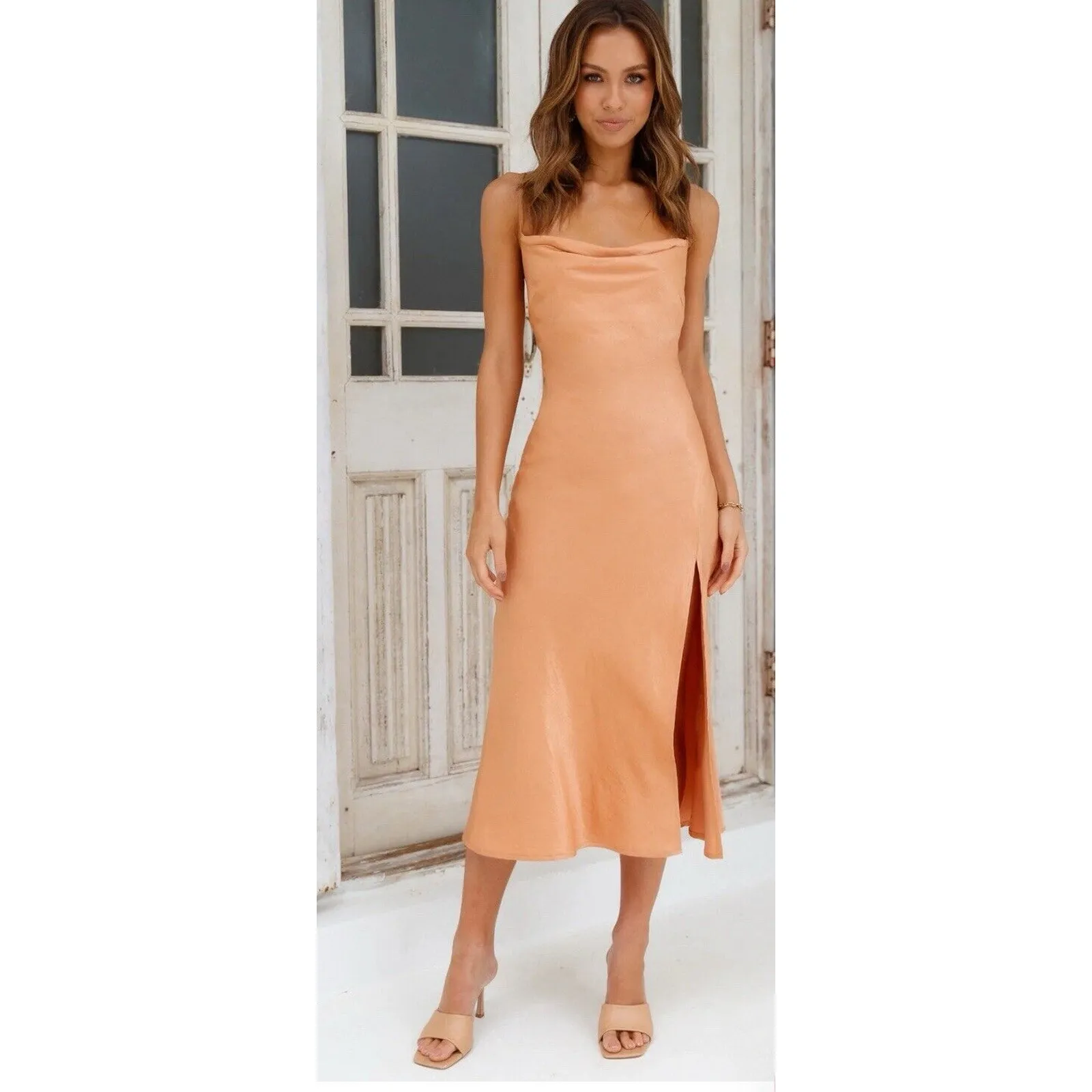 Hello Molly Midi Dress Tan Orange Size XS DRINKS ON ME Side Slit Party Cocktail - Image 3