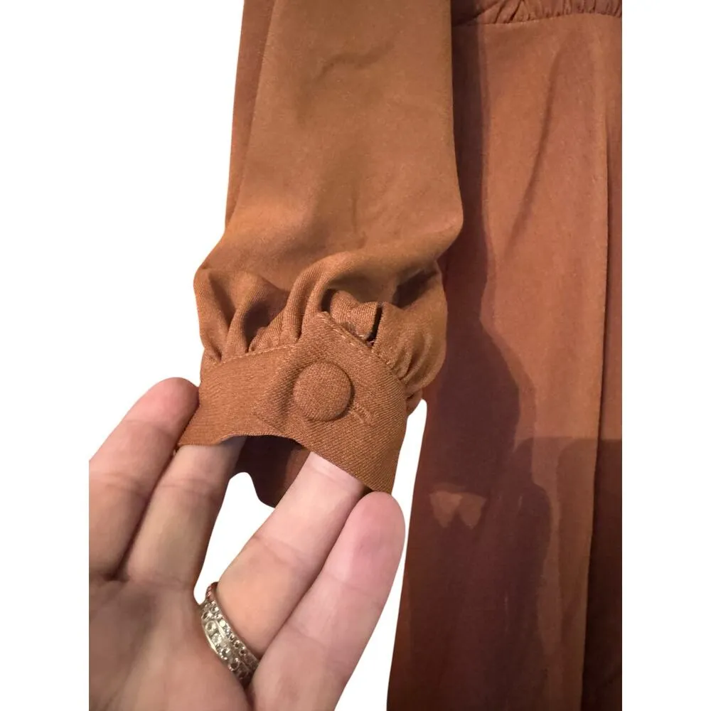 Lichi 40's inspired modest long sleeve midi dress attached neck tie/bow L Brown Size L - Image 3