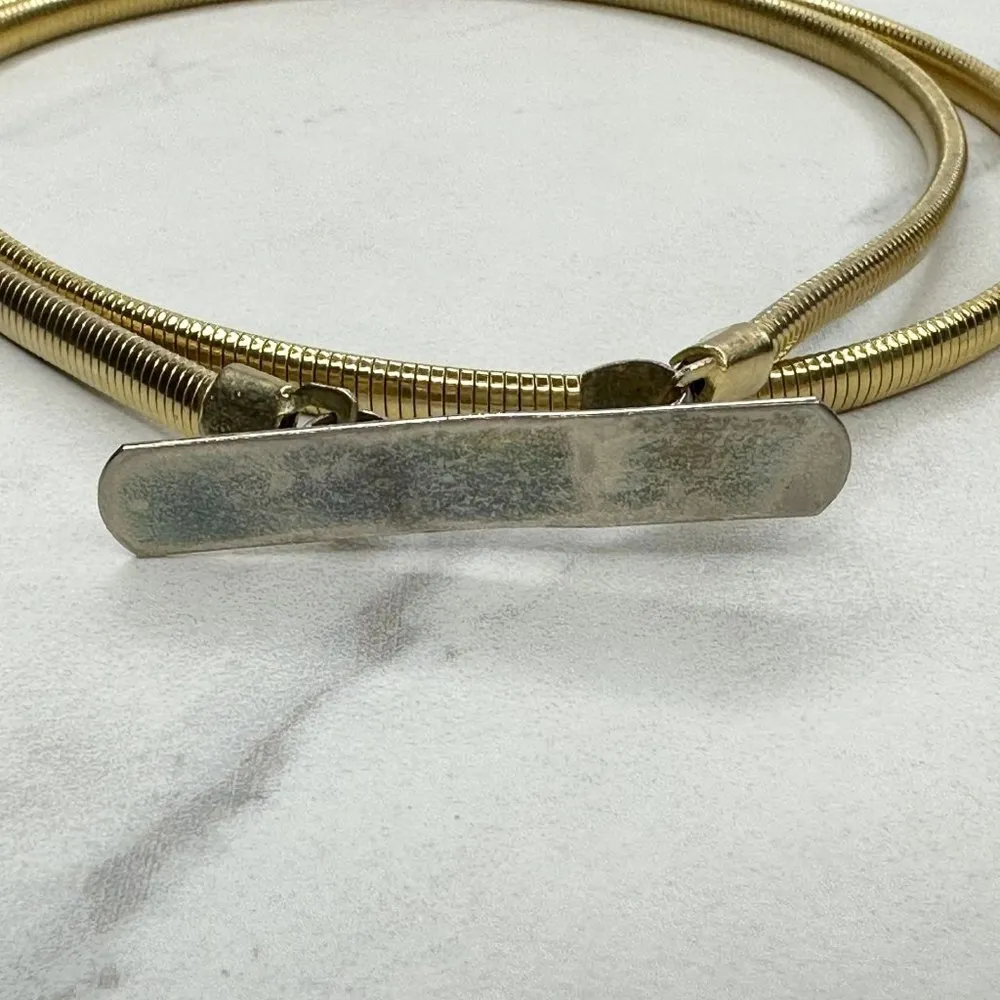 Vintage Gold Tone Bar Buckle Skinny Coil Stretch Cinch Belt Size XS Small S - Image 2