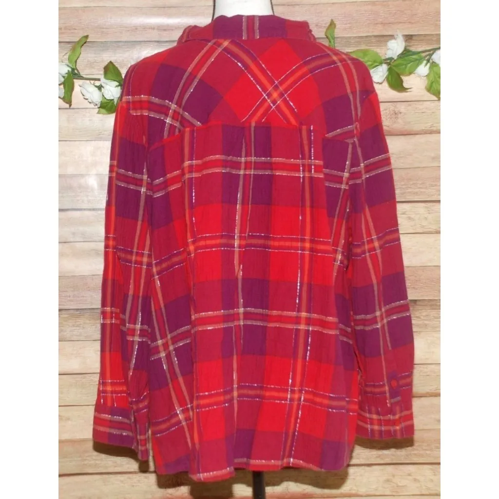Catherines Red Plaid Metallic Button Front Shirt Blouse Size 2X 22W 24W Petite - Image 5