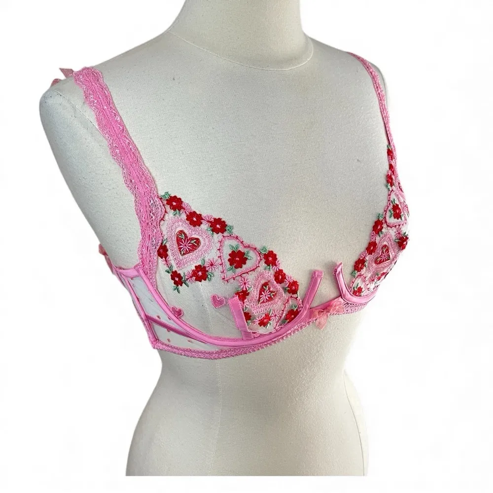 NWT FOR LOVE & LEMONS Dolly Heart Bra in Pink (Whimsical Garden), 32C - Image 4