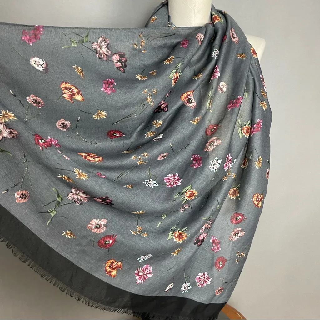 Gauzy Floral Scarf Gray Rectangular Raw Edge Fringe Polyester Women Lightweight‎ - Image 5