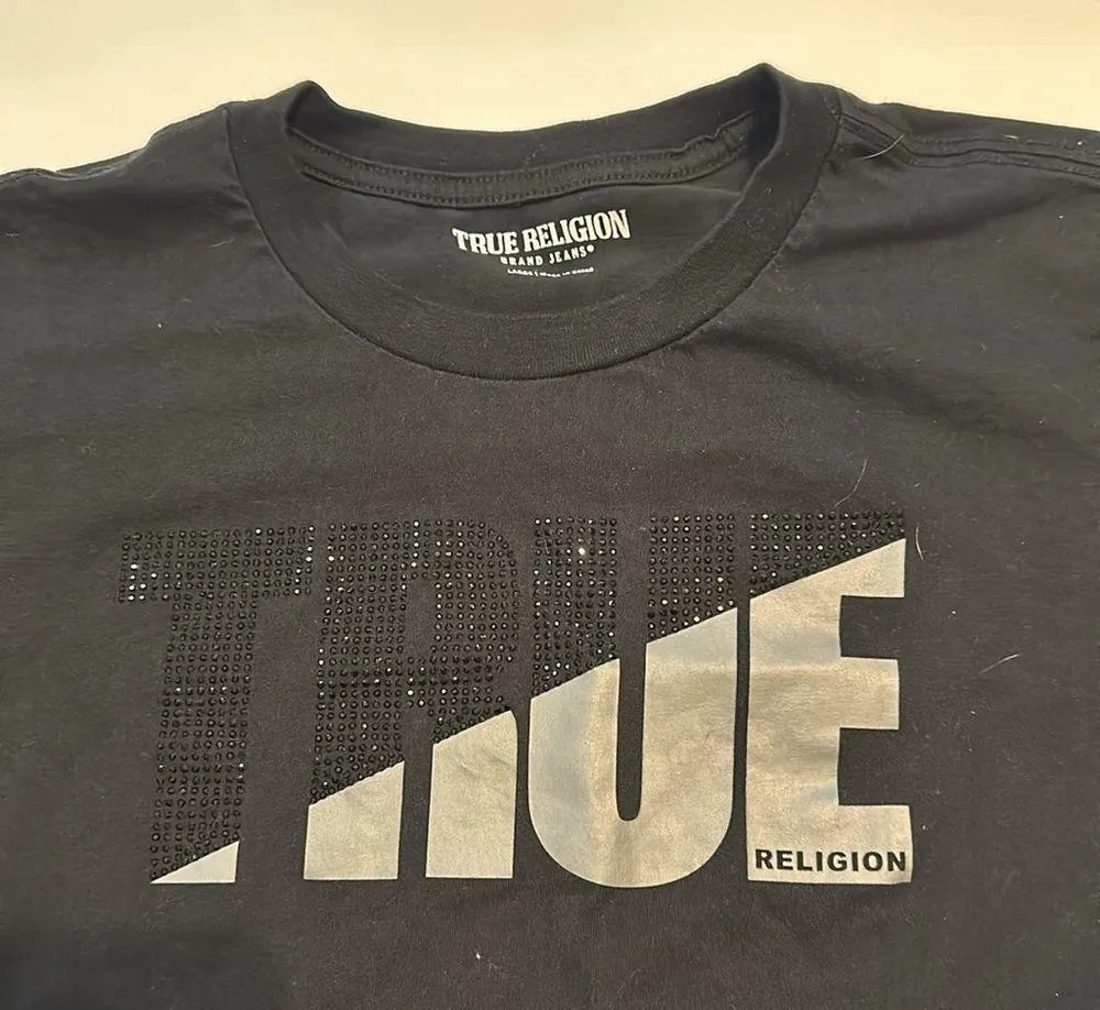 True Religion Black Large Rhinestone Grey Short Sleeve Womens Y2K - Image 3