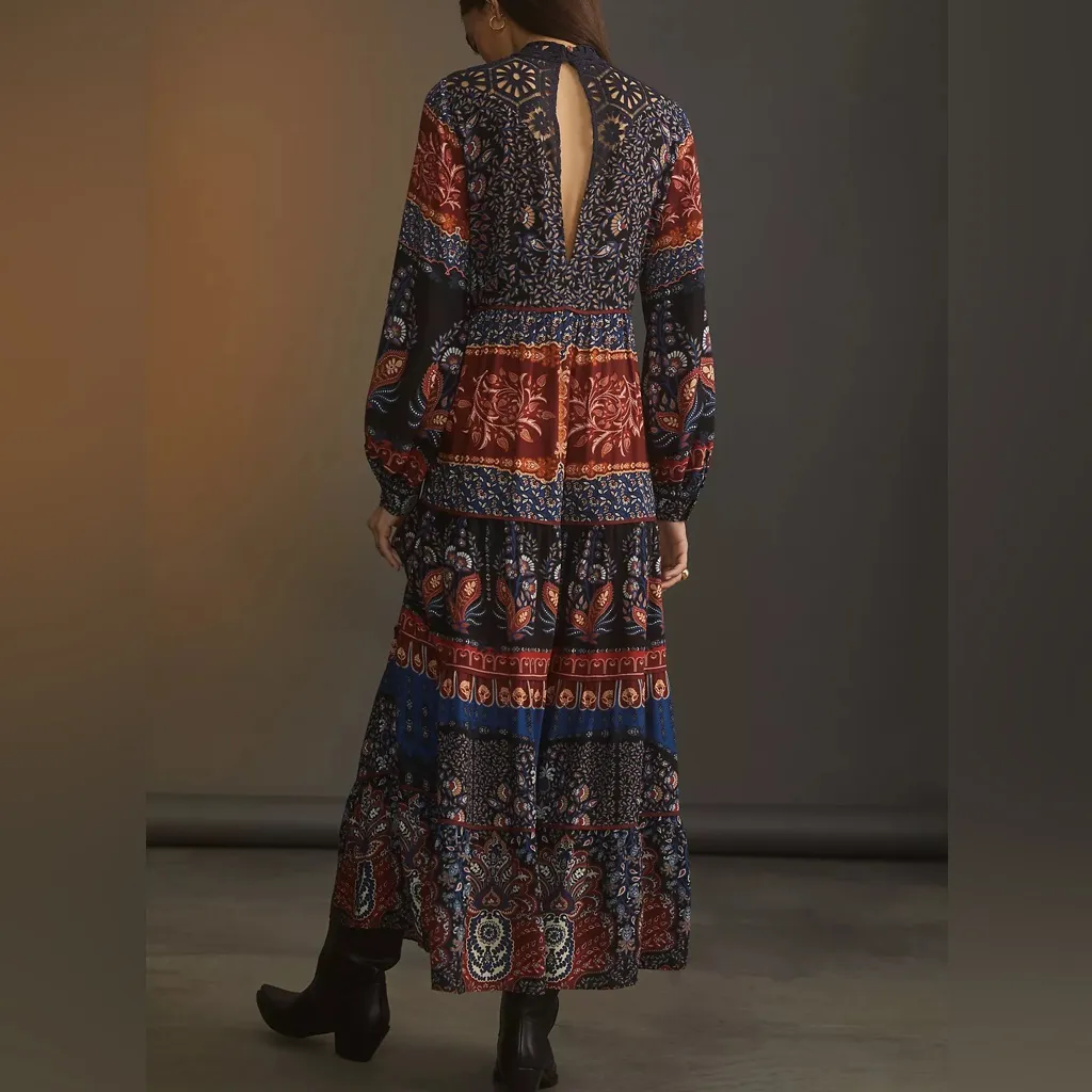 NWT Anthropologie + Farm Rio Crochet Long Sleeve Boho Maxi Dress in Navy Blue - Image 3
