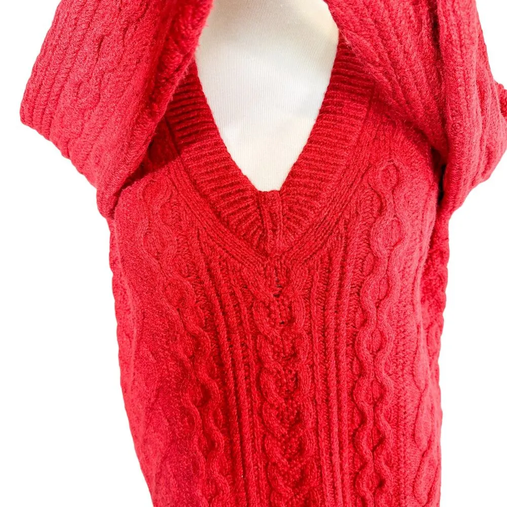 Vince Merino Wool Cashmere Blend Cable Knit V Neck Sweater In Cherry Red Small - Image 7