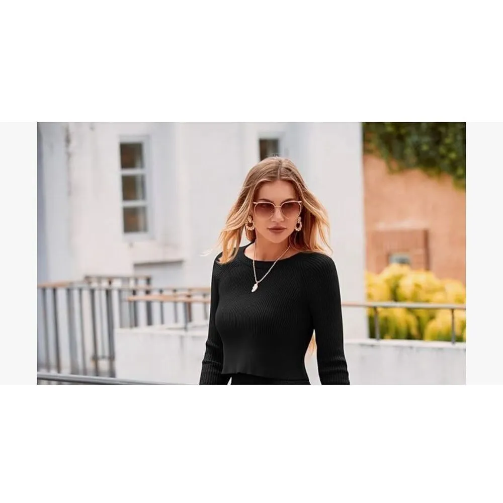 NEW Black Sweater Rib Knit Long Sleeve Crop Top S - Image 3