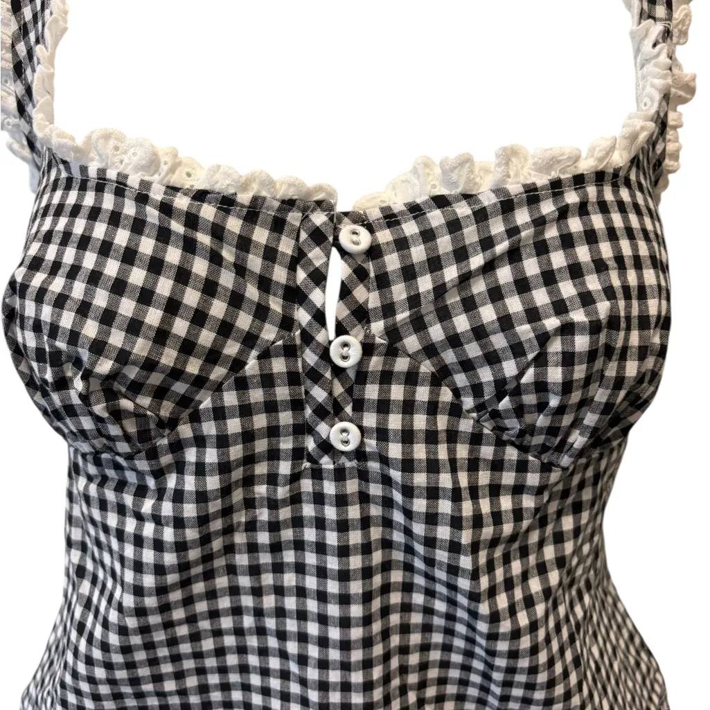 Intimately Free People Cassie Gingham Ruffle Bodysuit L Black White 100% Cotton - Image 7