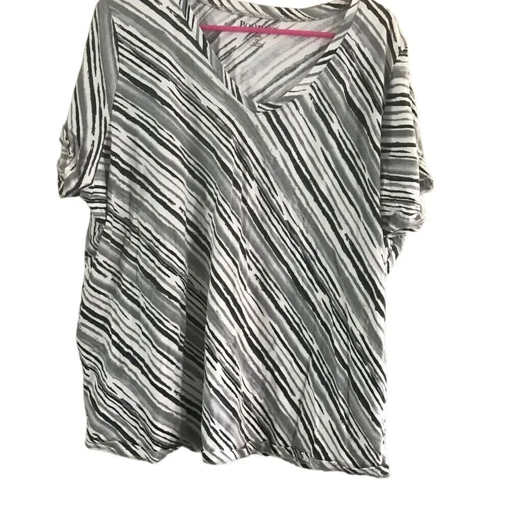 Roaman's Size 2X Short Sleeve Striped Blouse Black White Gray - Image 2