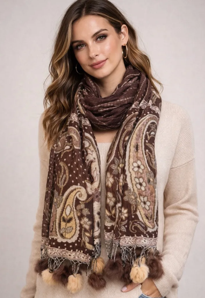 Boho Spanish Paisley Knit Scarf with Rabbit Fur Pom Poms – Brown / Tan – 62” - Image 1