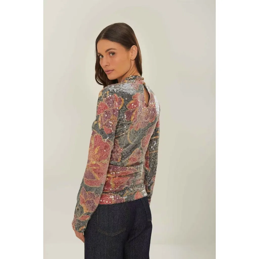 NWT Farm Rio Shiny Chita Tulle Sequins Floral Multicolor Blouse Size S - Image 3