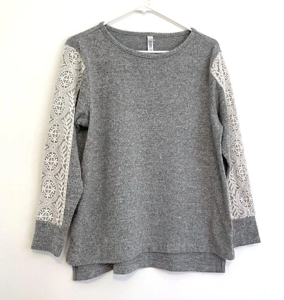 FN BY FLORA NIKROOZ Pajama / Lounge Lace Stripe Gray Cream Crewneck Sweatshirt M - Image 2