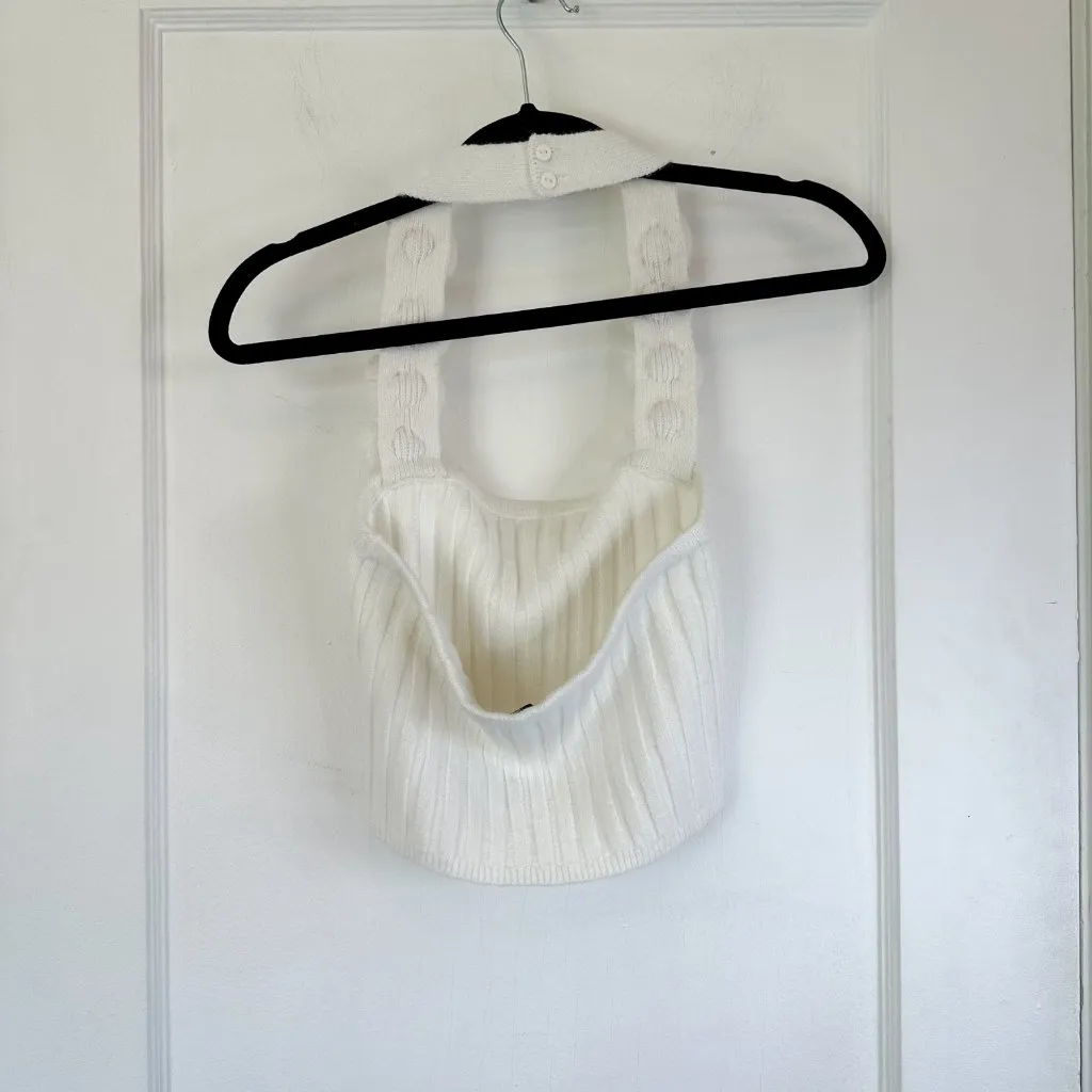 Majorelle | Amar Rosette Rose Crochet Halter Knit Top in Ivory White‎ Medium - Image 4