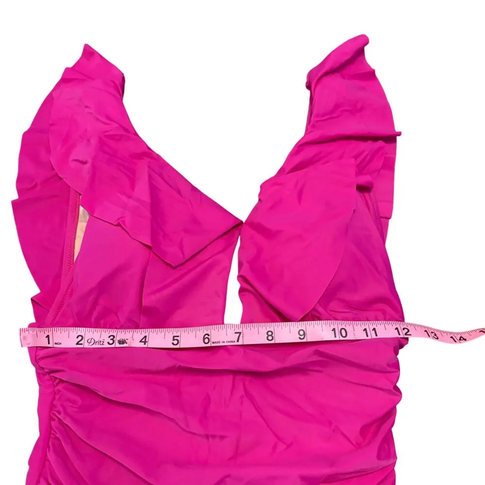 J. Crew Fuchsia Pink Ruched Ruffle V Neck Plunge One Piece Swimsuit SZ 6 Beach - Image 6
