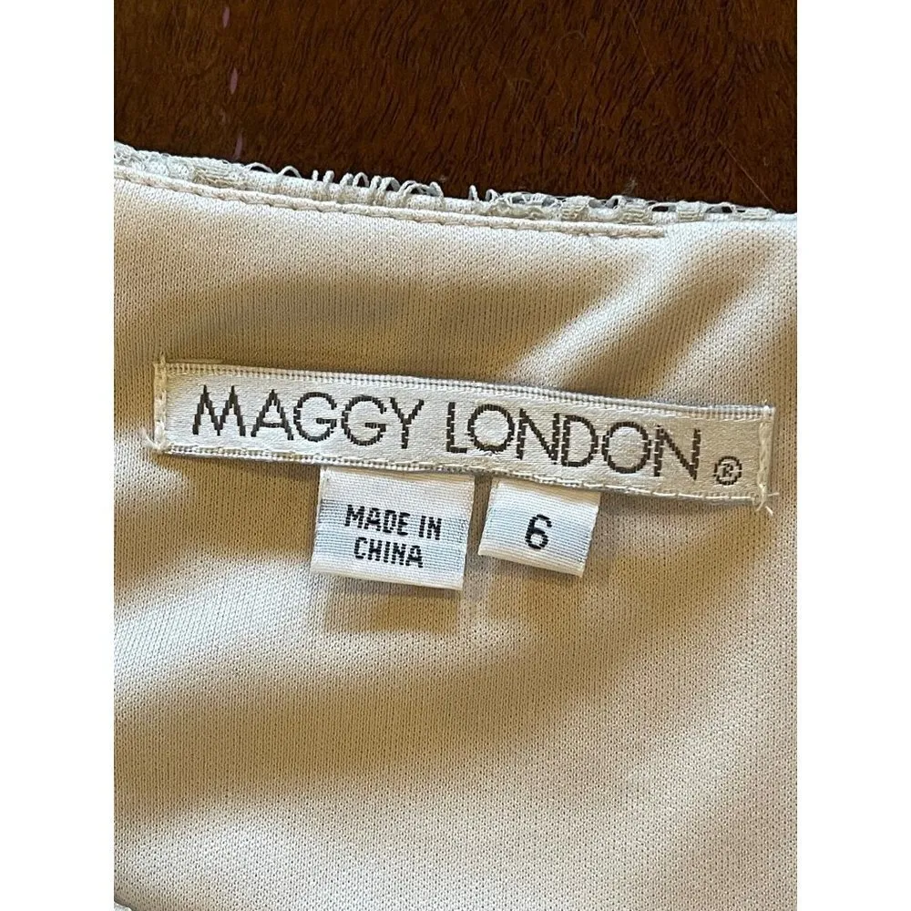 Maggy London Ivory And Black Lace Overlay Cap Sleeve Sheath Peplum‎ Dress Size 6 - Image 8