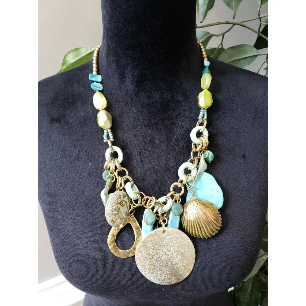 Chico's Womens Chunky Beaded Turquoise Sea Life Motif Charm Bib Necklace Jewelry - Image 2