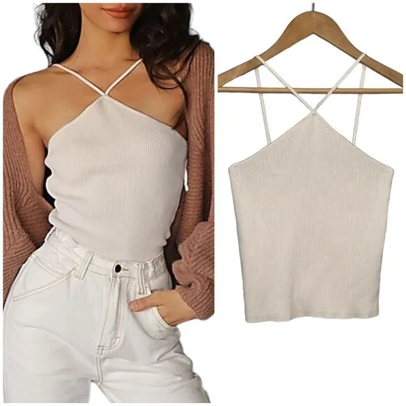 Zara Top Womens M Ribbed Cropped Halter Spaghetti Strap Sleeveless Summer Ivory - Image 2