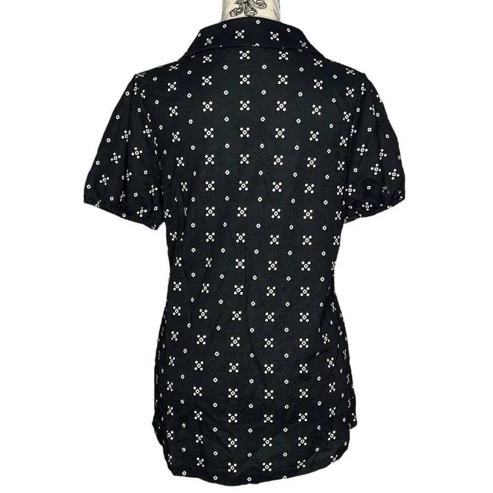 Bobeau MEDIUM Elastic Short Sleeve Piqué Patterned Collared Split Neck Top - Image 3