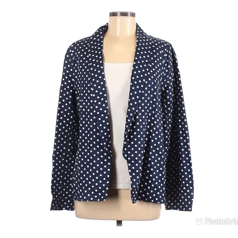 L’ACADEMIE Carter Linen Blazer Open Front Navy Blue White Polka‎ Dot Medium New - Image 2