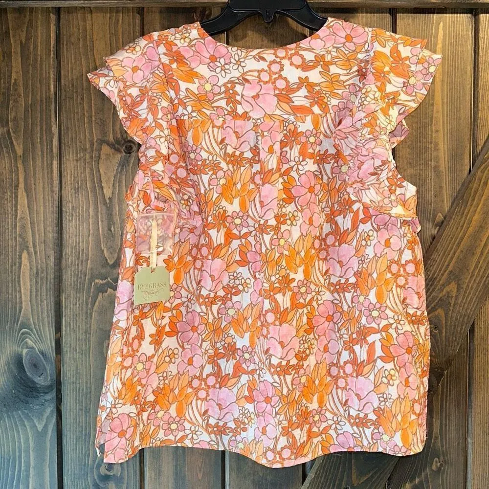 NWT Ryegrass Floral Ruffle Sleeve Button Down Blouse Orange Size L - Image 6