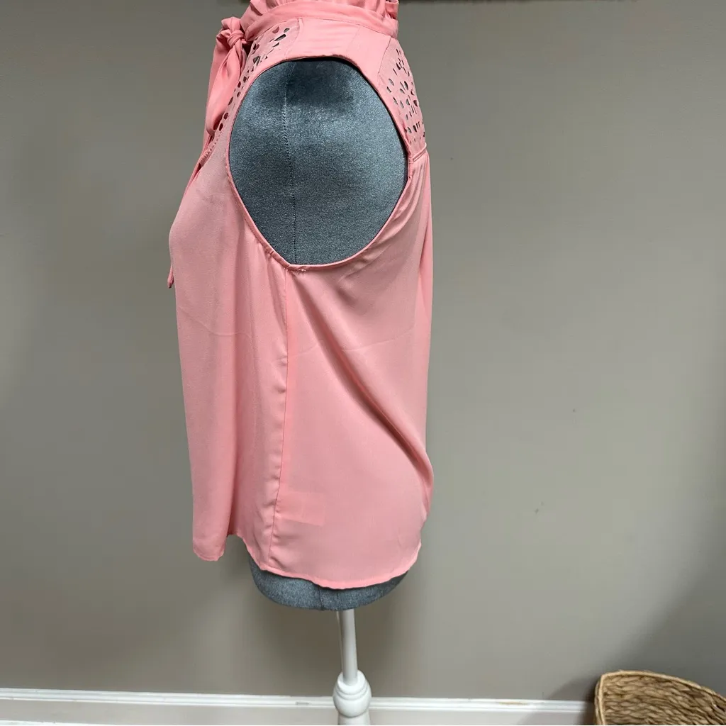 Maeve Pink Sleeveless blouse Top Neck Tie Eyelet Design 4P Shell Tank Top - Image 5