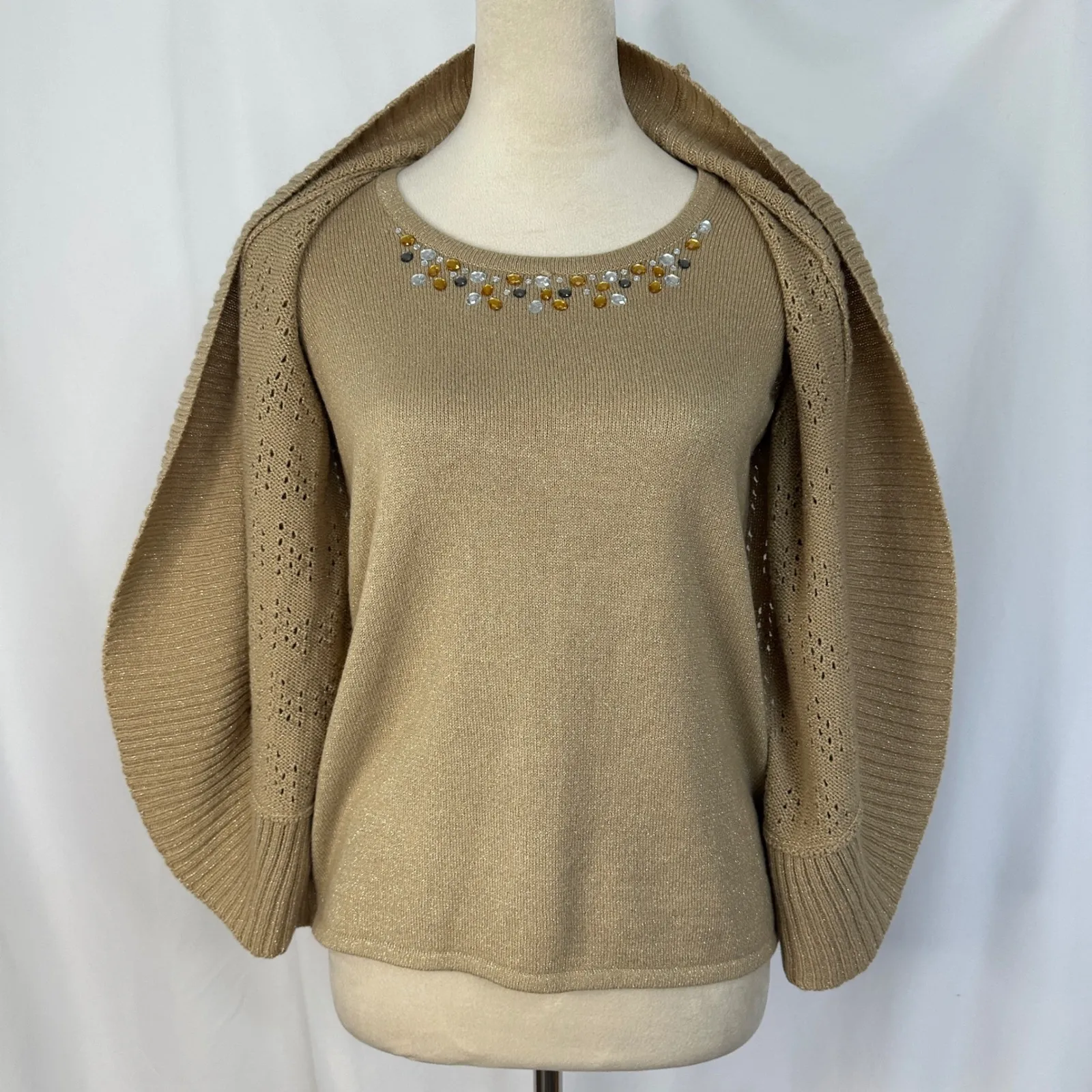 Laura Scott Petite Sweater Embellished Gold Knit Cardigan Women's‎ Small Petite - Image 3