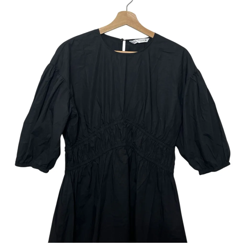ZARA Black Mini Dress Lace Hem Puff Sleeve Cinched Waist Women’s Medium - Image 6