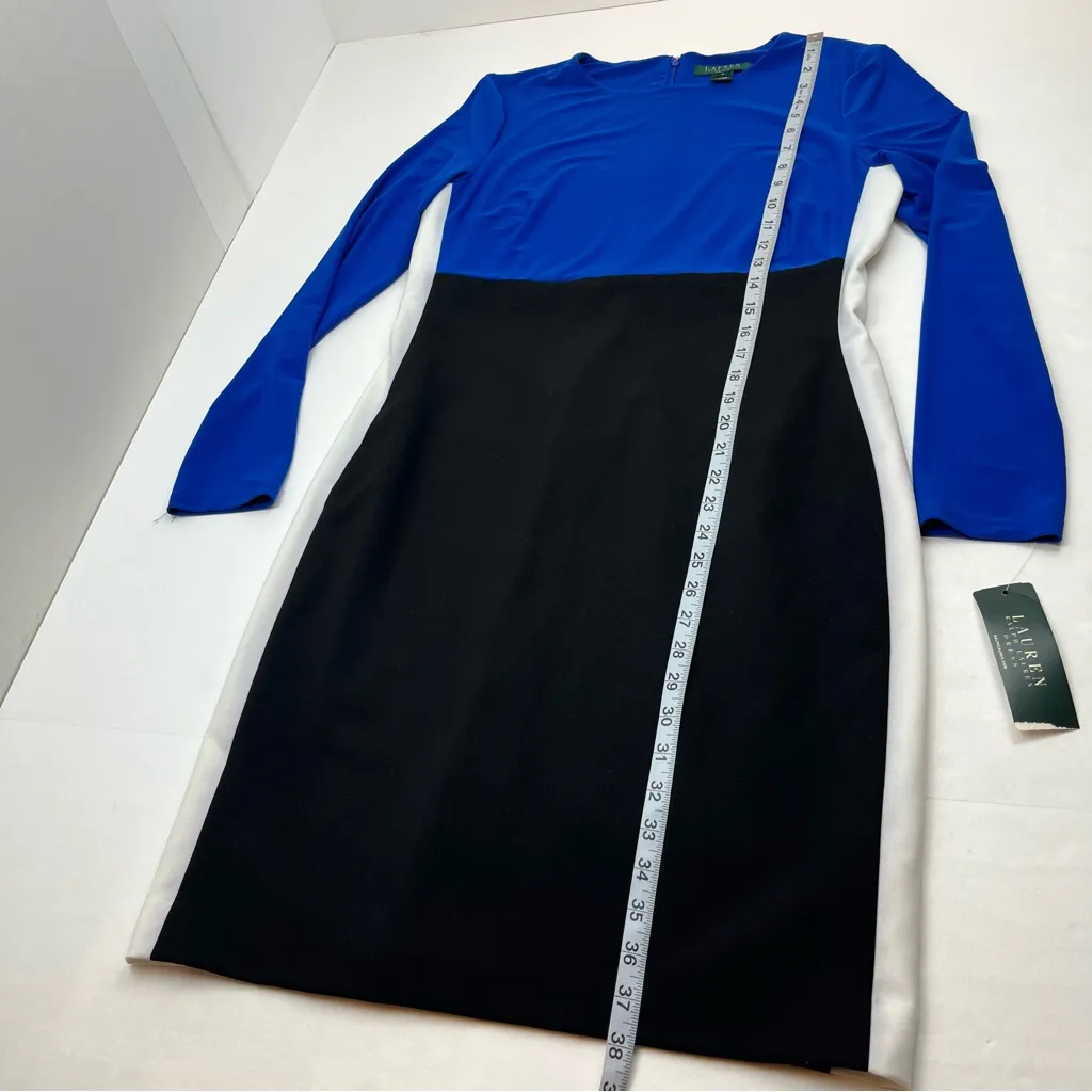 Lauren Ralph‎ Lauren Color Block Blue Black White Long Sleeve Midi Dress 12 NEW - Image 11