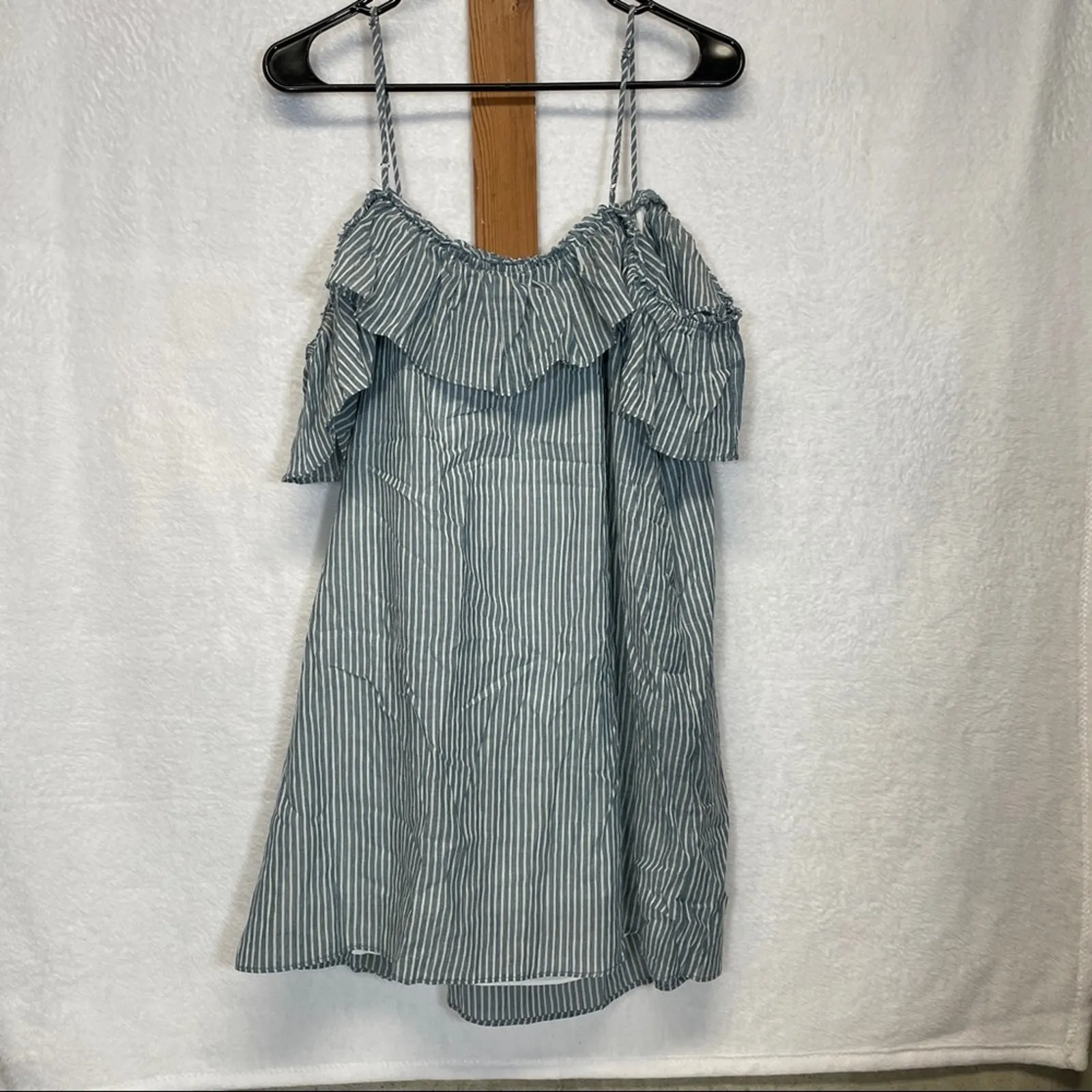 Greylin Natalia Off The Shoulder Blue‎ & White Striped Mini Dress Size L - Image 4
