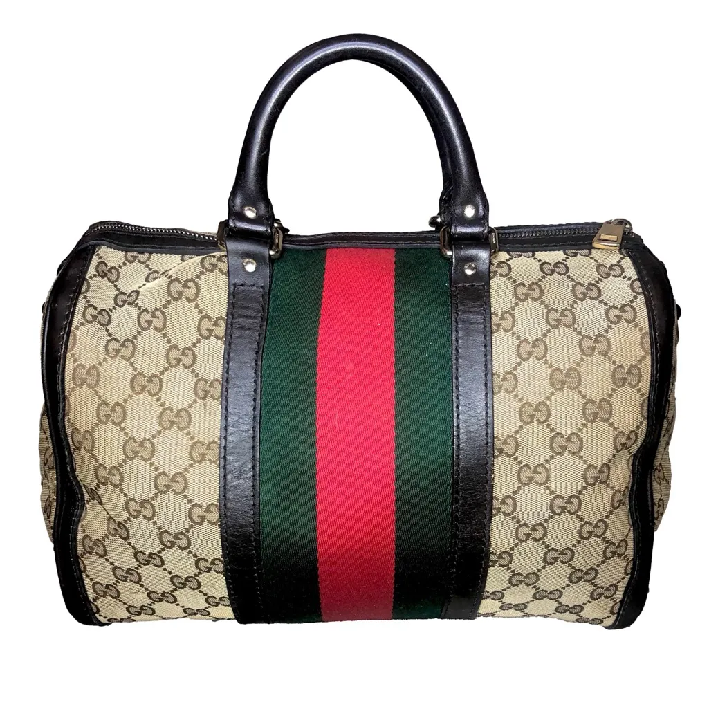 GUCCI GG Beige and Brown Boston Duffel Bag with Red and Green Sherryline Stripes - Image 2