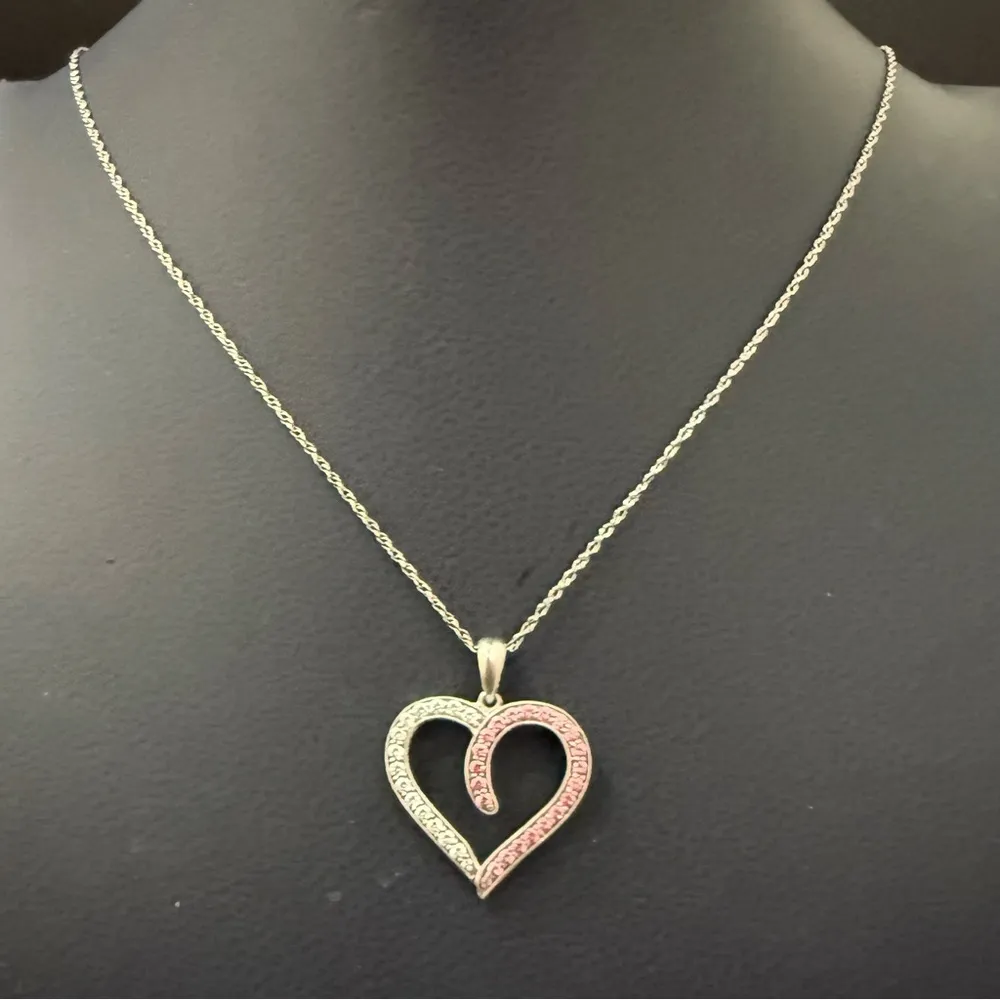 Vintage 925 Sterling Silver Pink Clear Pave Crystal Open Heart Pendant Necklace - Image 4